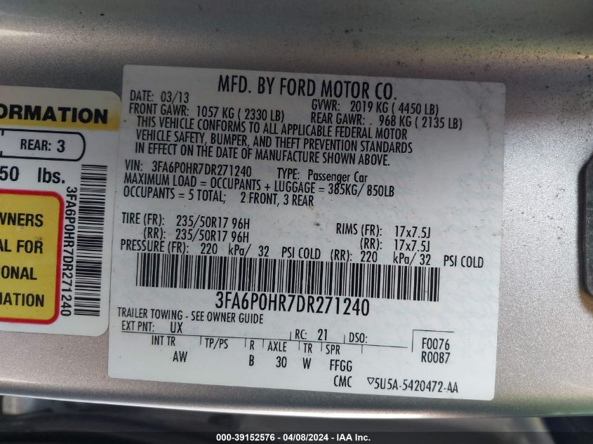 3FA6P0HR7DR271240 | 2013 FORD FUSION