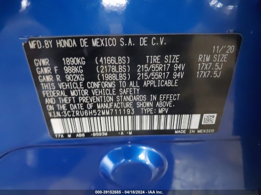 2021 Honda Hr-V Awd Ex VIN: 3CZRU6H52MM711193 Lot: 39152685