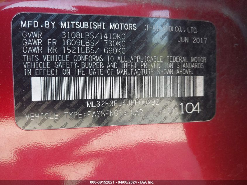 ML32F3FJ4JHF00292 2018 Mitsubishi Mirage G4 Es