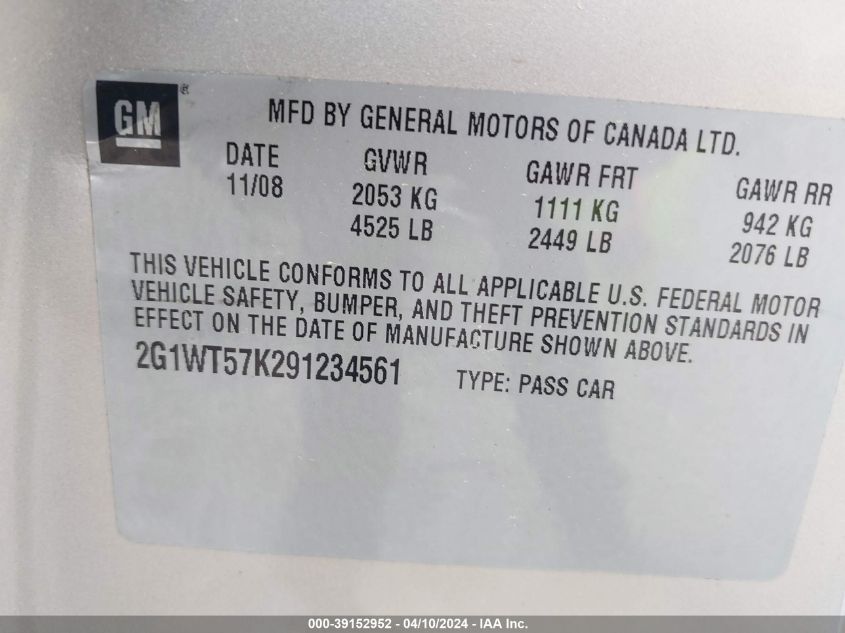 2G1WT57K291234561 2009 Chevrolet Impala Lt