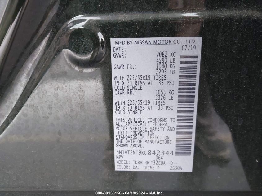 2019 Nissan Rogue Sl VIN: 5N1AT2MT9KC842344 Lot: 39153156