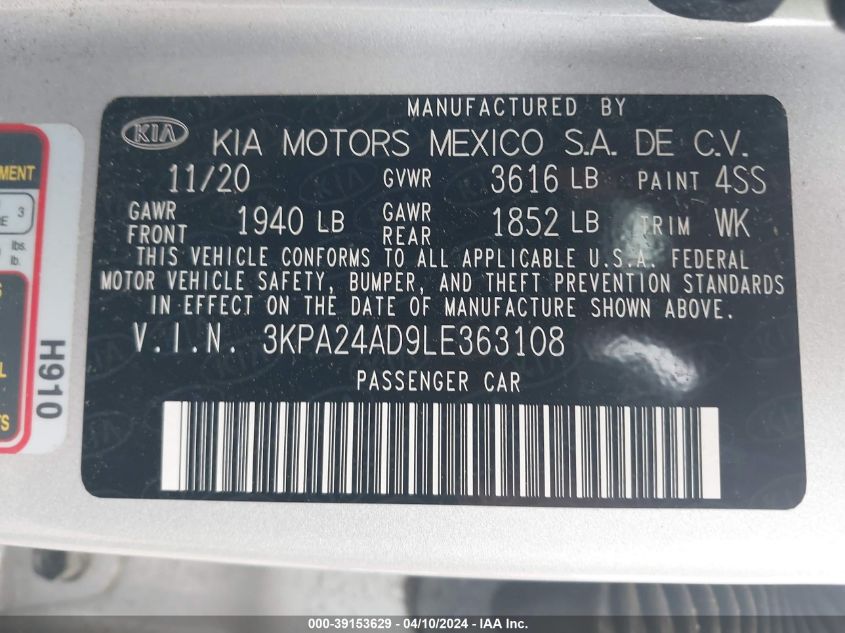 2020 Kia Rio Lx VIN: 3KPA24AD9LE363108 Lot: 39153629