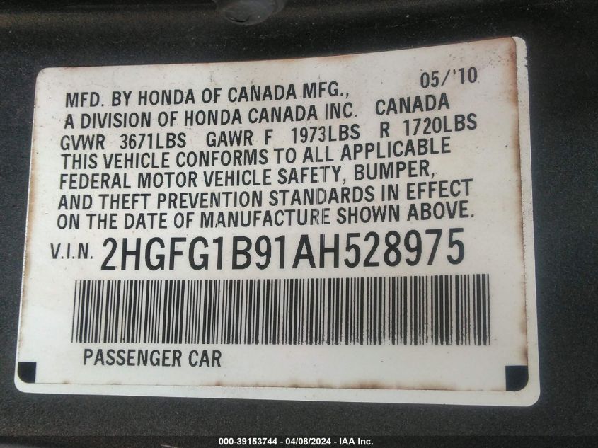 2HGFG1B91AH528975 | 2010 HONDA CIVIC