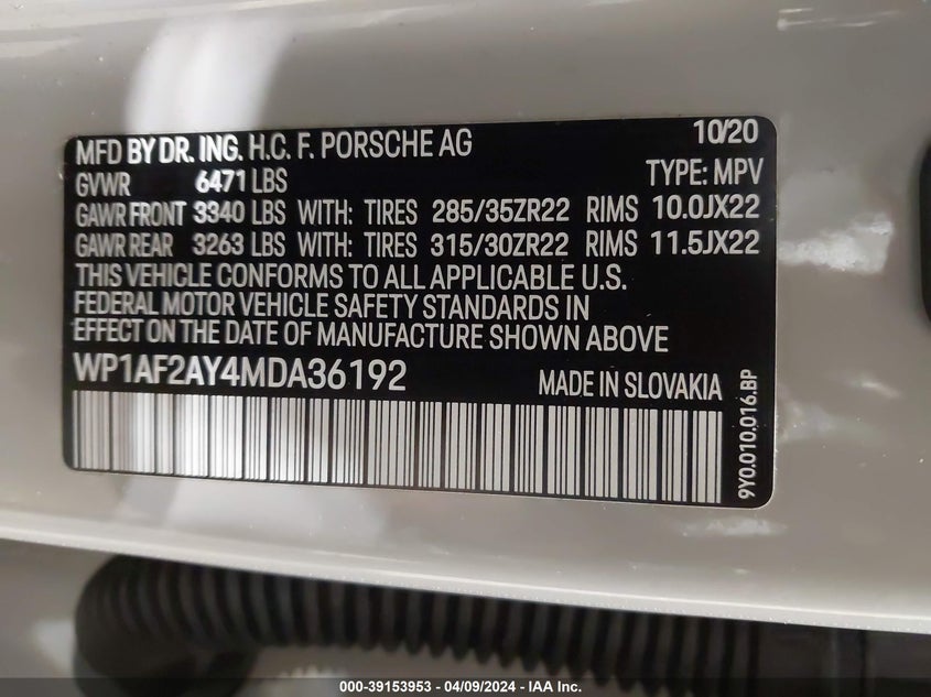 2021 PORSCHE CAYENNE TURBO - WP1AF2AY4MDA36192