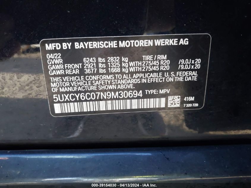 VIN 5UXCY6C07N9M30694 2022 BMW X6, Xdrive40I no.9