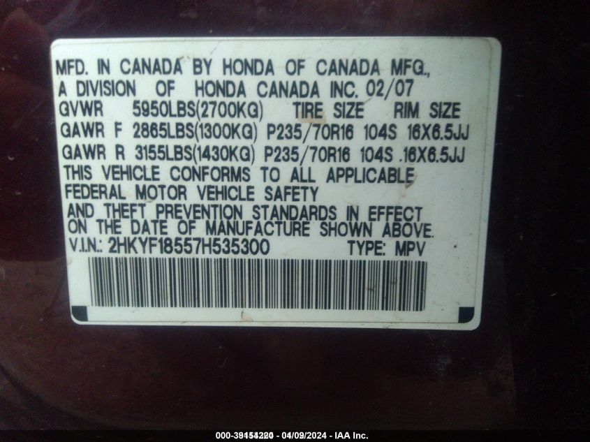 2007 Honda Pilot Ex-L VIN: 2HKYF18557H535300 Lot: 39154220