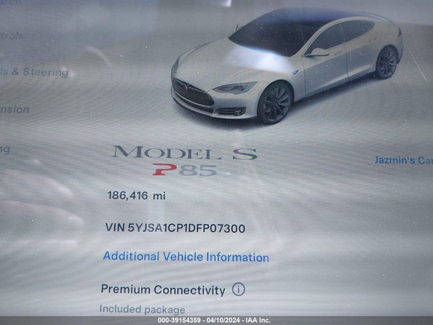 2013 Tesla Model S Performance VIN: 5YJSA1CP1DFP07300 Lot: 39154359