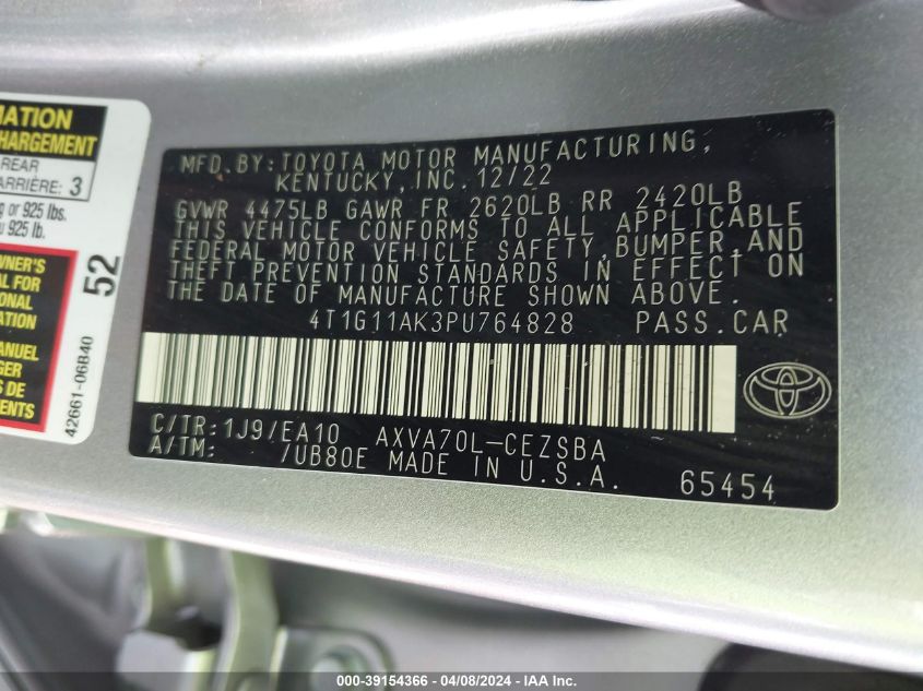 4T1G11AK3PU764828 | 2023 TOYOTA CAMRY