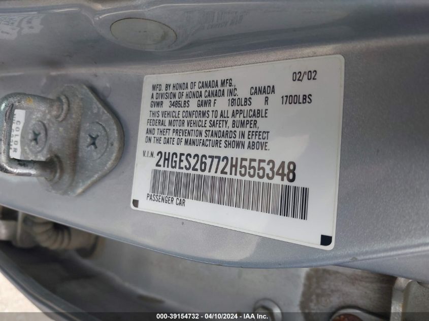 2HGES26772H555348 | 2002 HONDA CIVIC