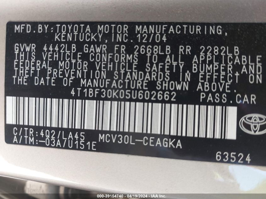2005 Toyota Camry Xle V6 VIN: 4T1BF30K05U602662 Lot: 39154740