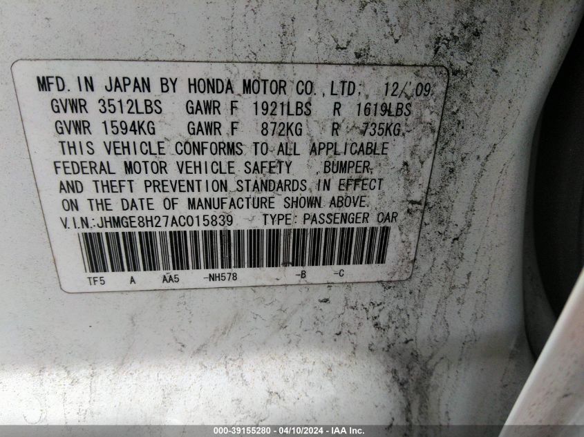 JHMGE8H27AC015839 | 2010 HONDA FIT