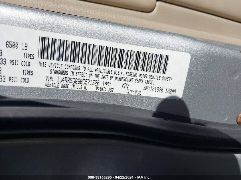 2011 Jeep Grand Cherokee Limited VIN: 1J4RR5GG6BC571520 Lot: 39155295