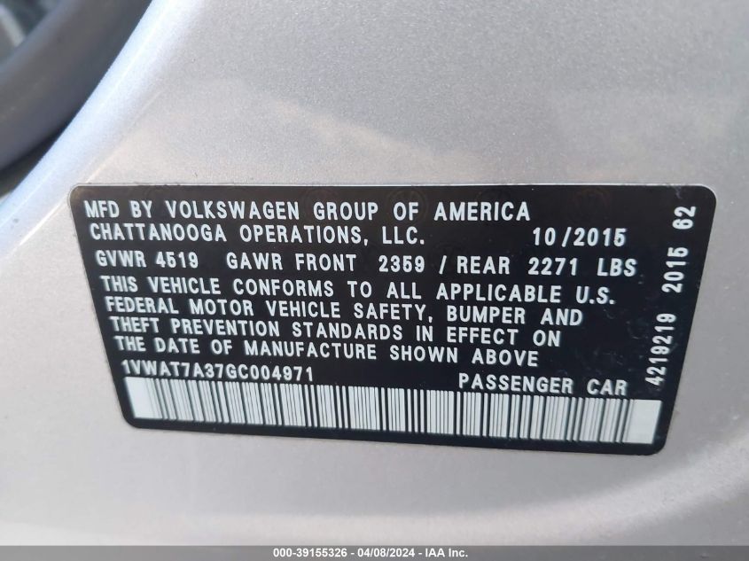 1VWAT7A37GC004971 | 2016 VOLKSWAGEN PASSAT