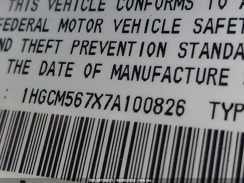 1HGCM567X7A100826 | 2007 HONDA ACCORD