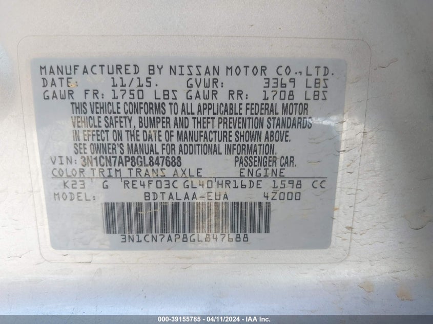 2016 NISSAN VERSA 1.6 S - 3N1CN7AP8GL847688