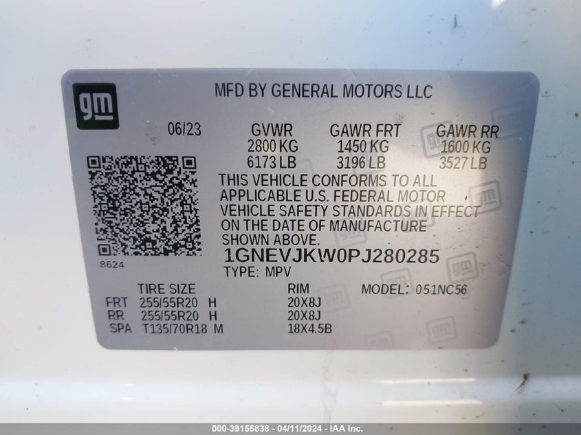 2023 CHEVROLET TRAVERSE 3.6L V6 FI DOHC 24V (VIN: 1GNEVJKW0PJ280285