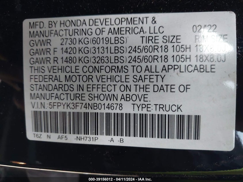 VIN 5FPYK3F74NB014678 2022 HONDA RIDGELINE RTL-E