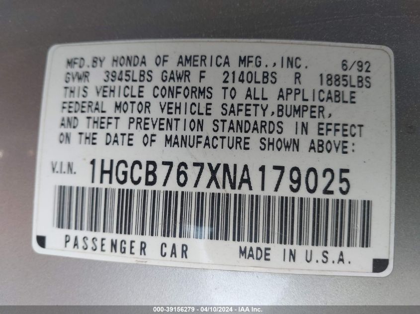 1HGCB767XNA179025 1992 Honda Accord Ex