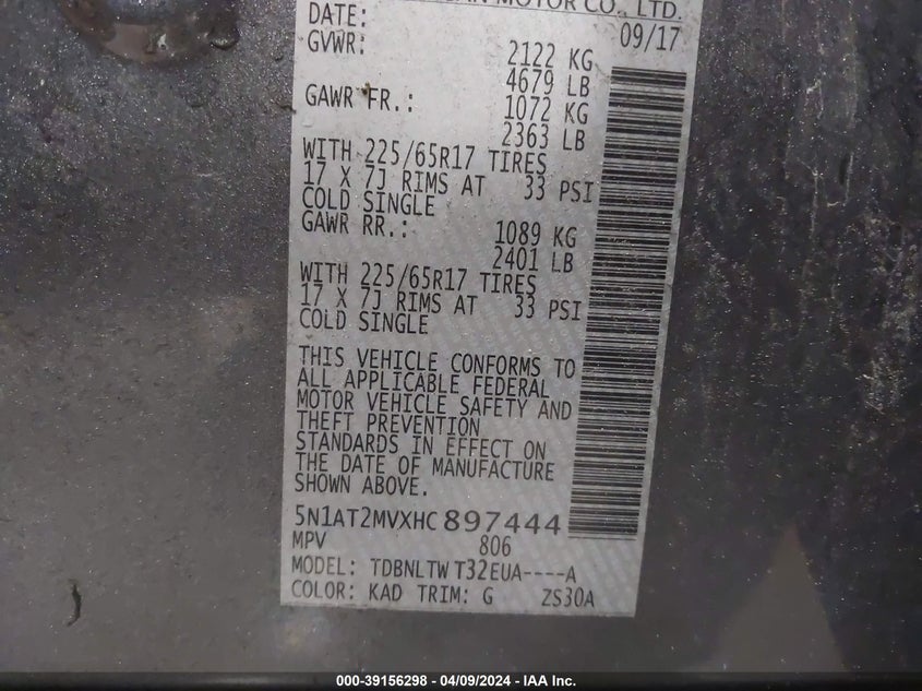 2017 NISSAN ROGUE SV - 5N1AT2MVXHC897444