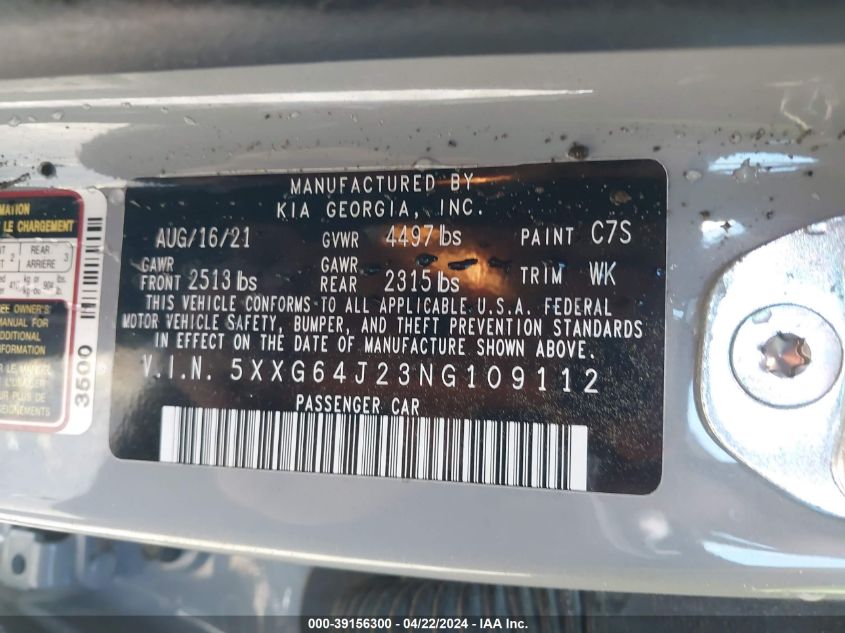 2022 Kia K5 Gt-Line VIN: 5XXG64J23NG109112 Lot: 50090014