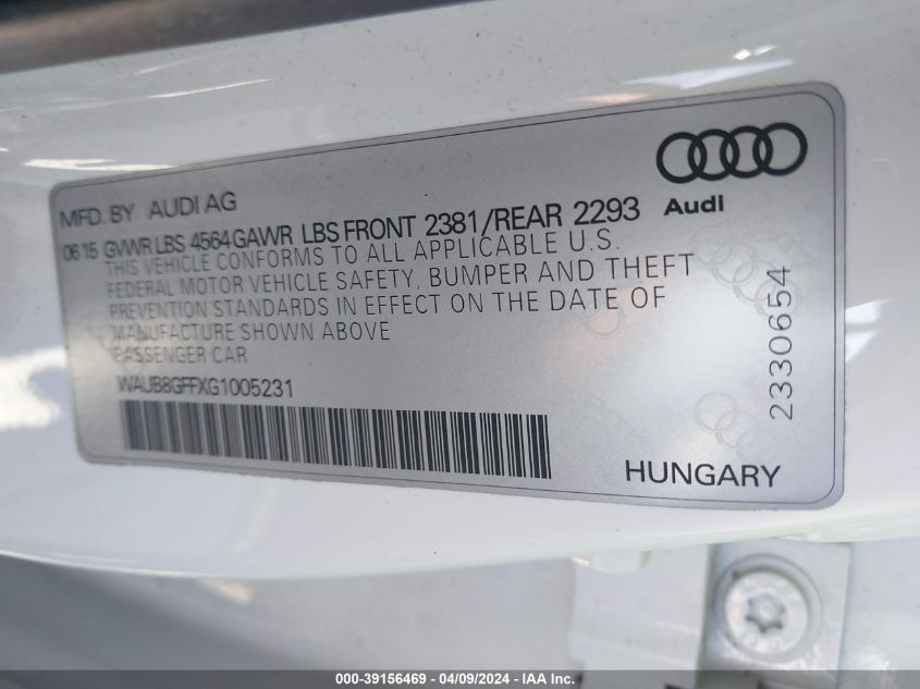 WAUB8GFFXG1005231 2016 Audi A3 2.0T Premium