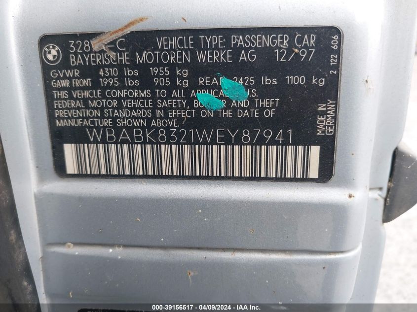 WBABK8321WEY87941 | 1998 BMW 328IC