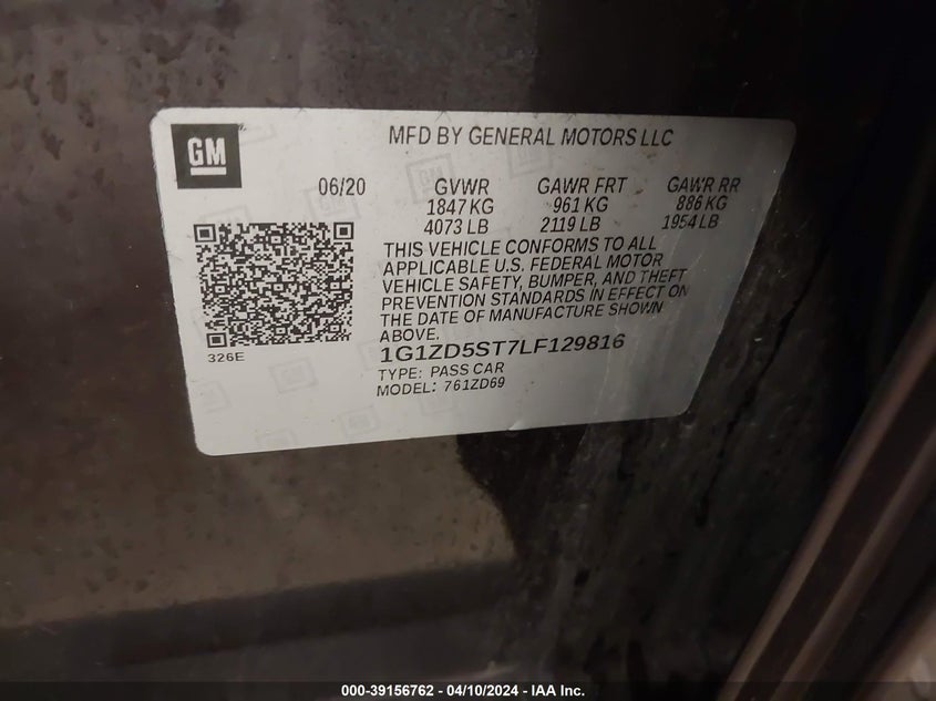 2020 CHEVROLET MALIBU FWD LT - 1G1ZD5ST7LF129816