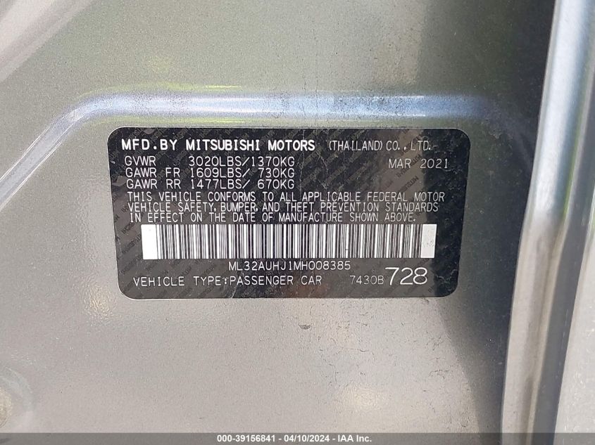 ML32AUHJ1MH008385 | 2021 MITSUBISHI MIRAGE