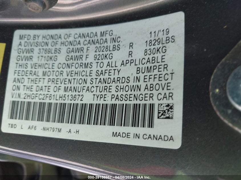 VIN 2HGFC2F61LH513672 2020 HONDA CIVIC LX