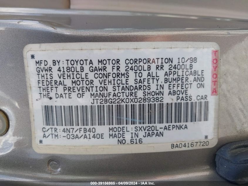 JT2BG22K0X0289382 | 1999 TOYOTA CAMRY