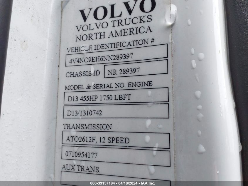 2022 Volvo Vnl VIN: 4V4NC9EH6NN289397 Lot: 39157194