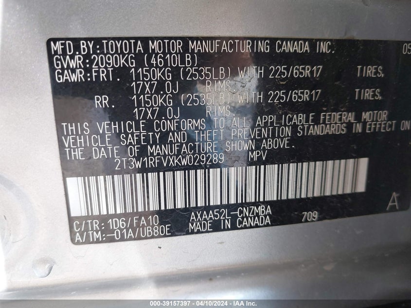 2019 TOYOTA RAV4 XLE - 2T3W1RFVXKW029289