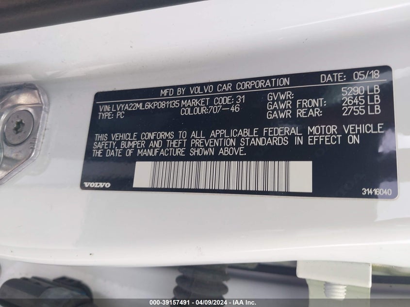 VIN LVYA22ML6KP081135 2019 VOLVO S90 T6 INSCRIPTION