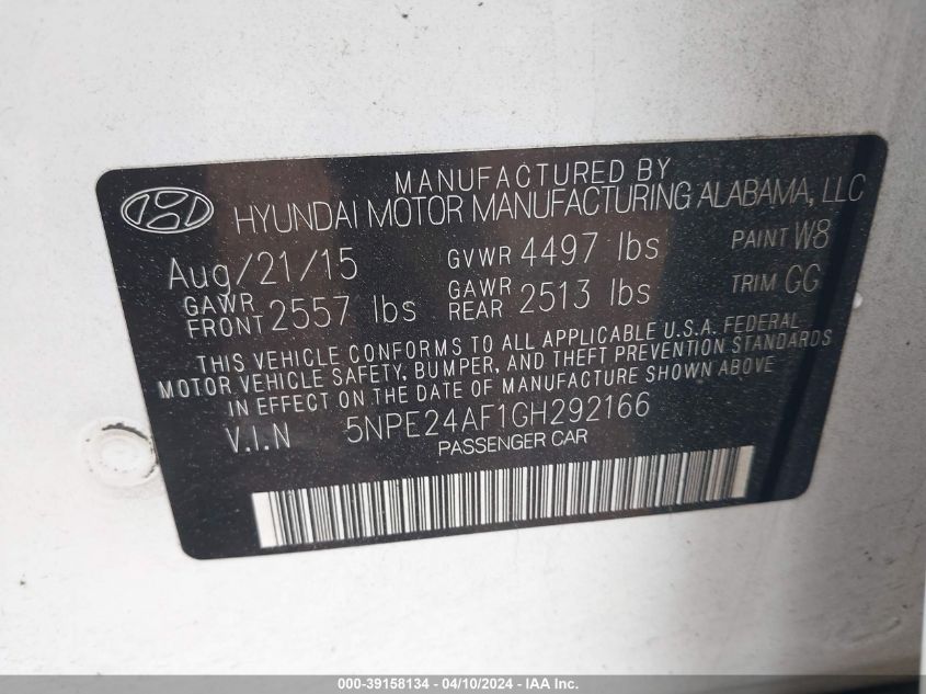 2016 Hyundai Sonata Se VIN: 5NPE24AF1GH292166 Lot: 39158134