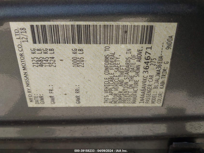 VIN 1N4AA6AV4KC364671 2019 NISSAN MAXIMA 3.5 SV