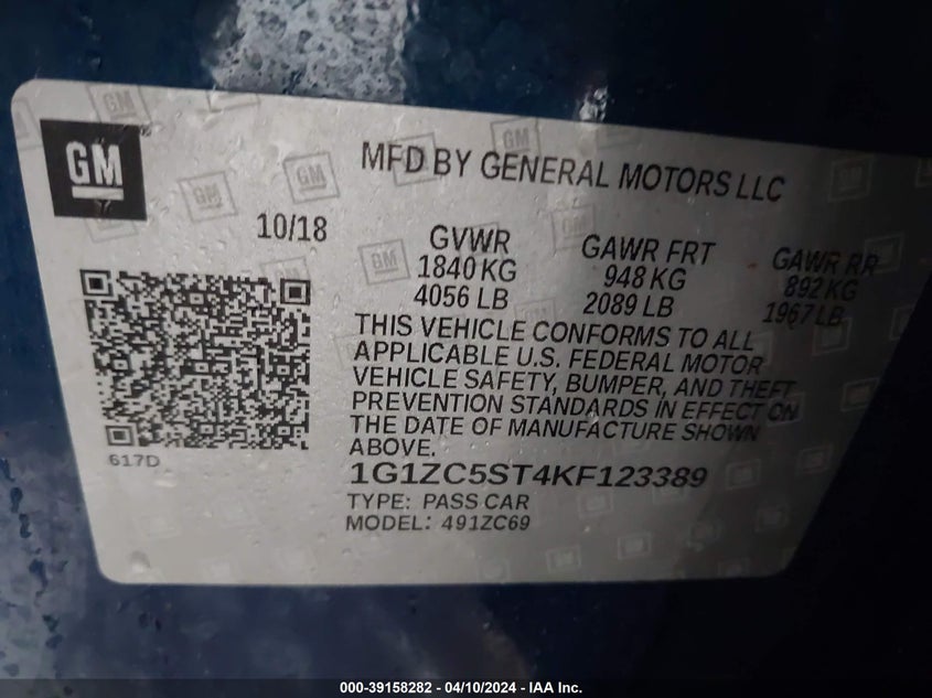 VIN 1G1ZC5ST4KF123389 2019 CHEVROLET MALIBU 1FL