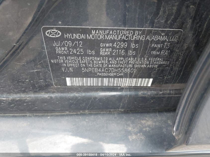 5NPEB4AC7DH558601 | 2013 HYUNDAI SONATA