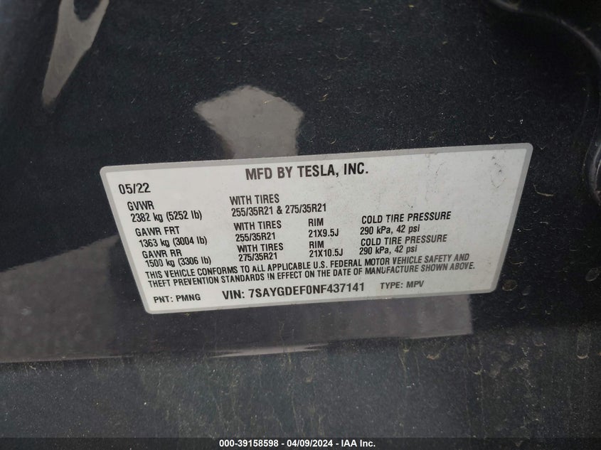 VIN 7SAYGDEF0NF437141 2022 TESLA MODEL Y