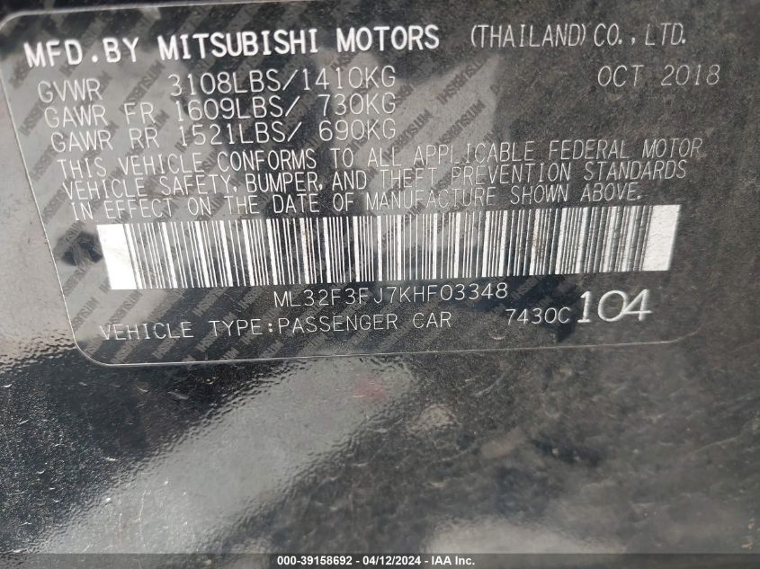 2019 Mitsubishi Mirage G4 Es VIN: ML32F3FJ7KHF03348 Lot: 39158692