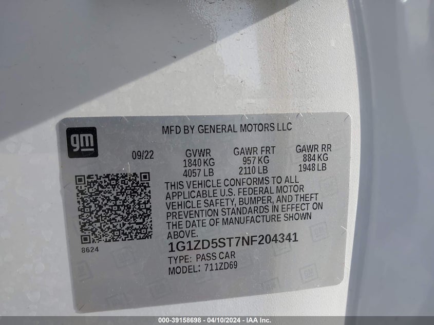 VIN 1G1ZD5ST7NF204341 2022 CHEVROLET MALIBU LT