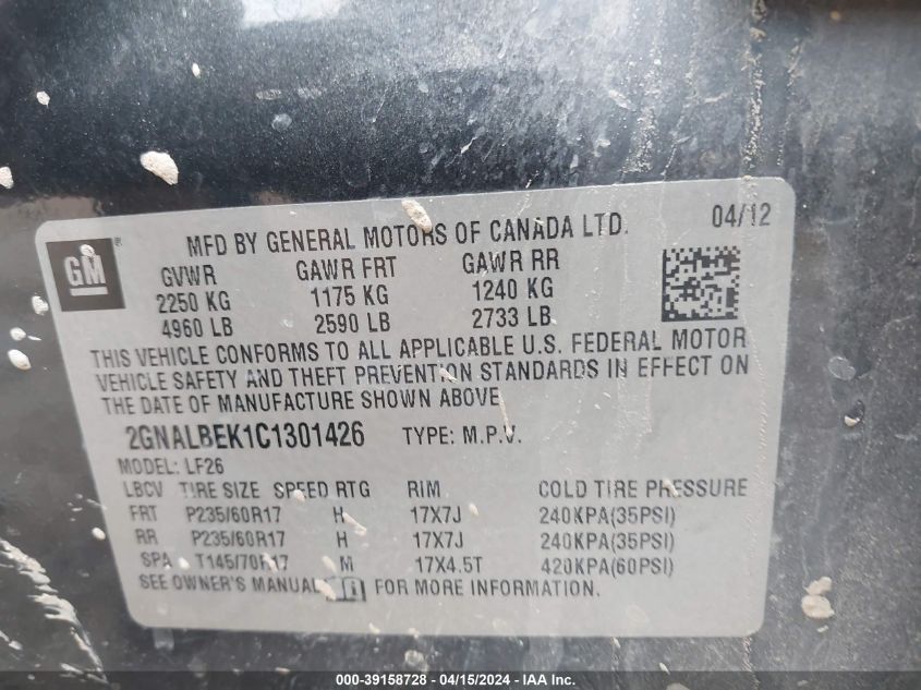 2012 Chevrolet Equinox Ls VIN: 2GNALBEK1C1301426 Lot: 39158728