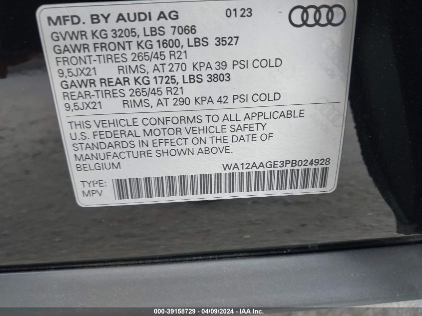 VIN WA12AAGE3PB024928 2023 Audi E-Tron, Sportback P... no.9