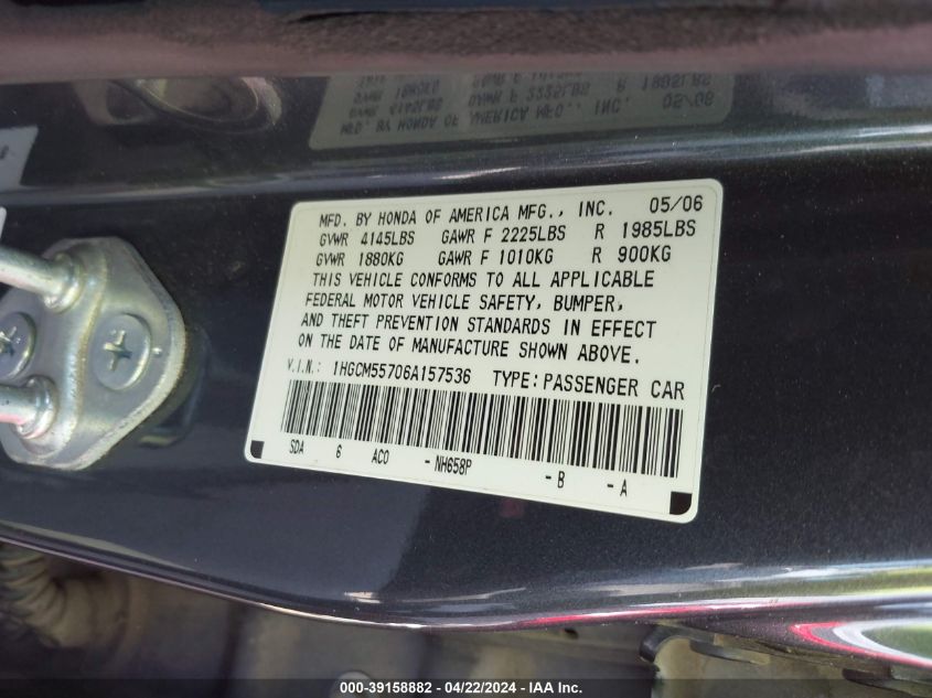 2006 Honda Accord 2.4 Ex VIN: 1HGCM55706A157536 Lot: 51541234