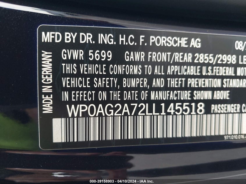 2020 PORSCHE PANAMERA GTS VIN: WP0AG2A72LL145518