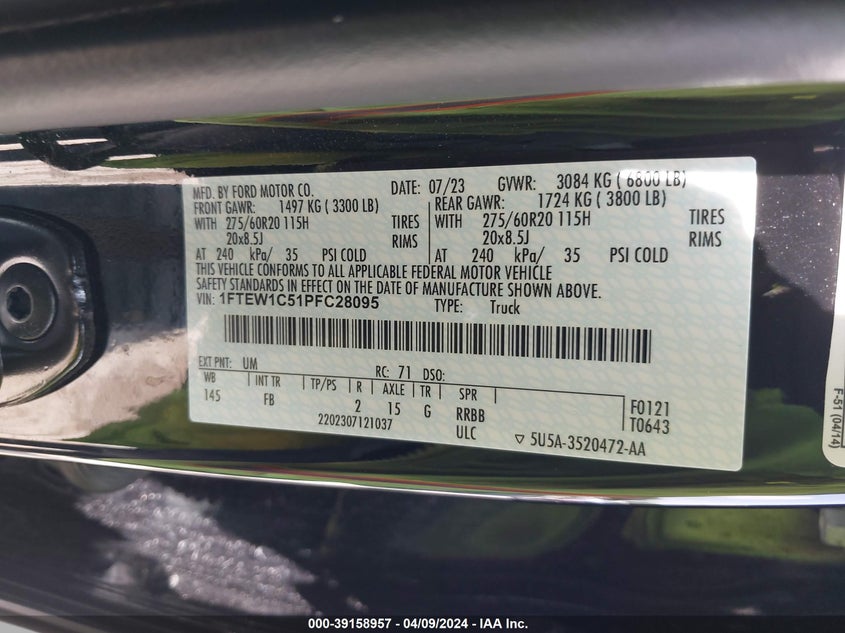 VIN 1FTEW1C51PFC28095 2023 FORD F-150 XLT
