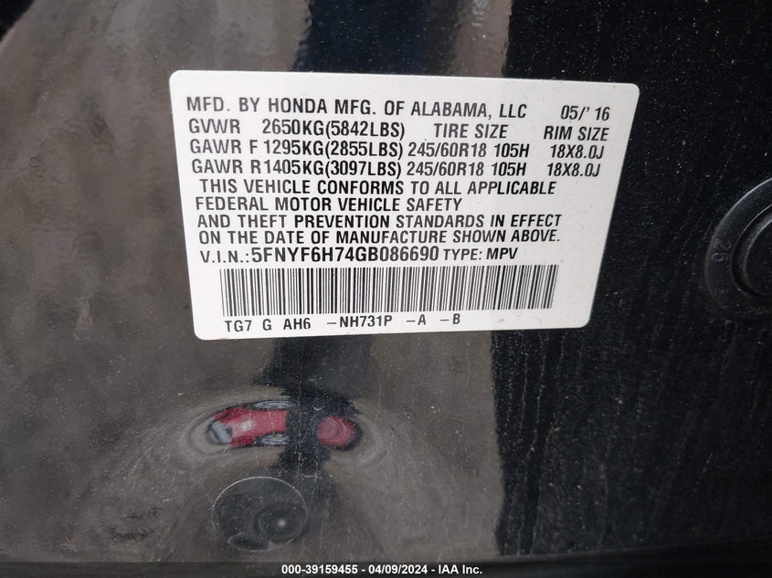 2016 HONDA PILOT EX-L - 5FNYF6H74GB086690