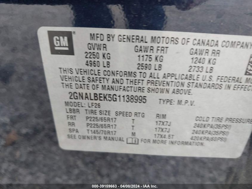 2GNALBEK5G1138995 2016 Chevrolet Equinox Ls