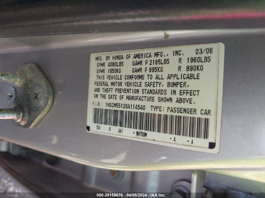 1HGCM55126A114540 | 2006 HONDA ACCORD