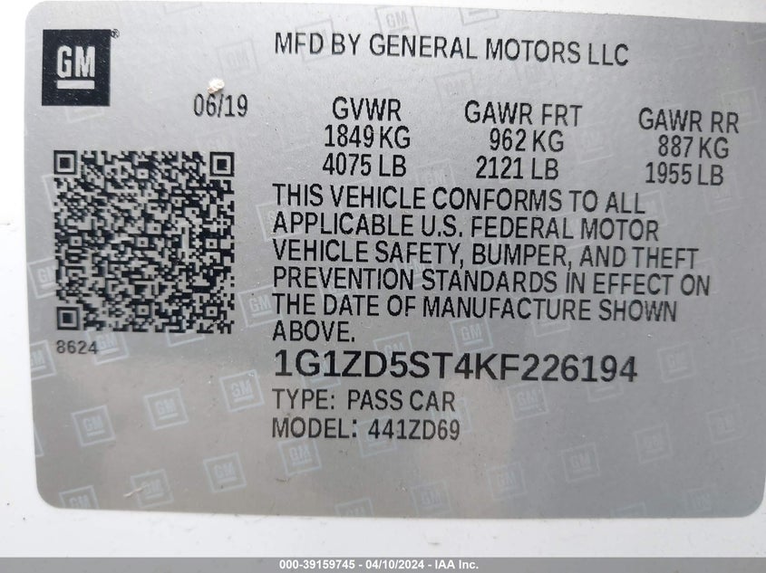 2019 CHEVROLET MALIBU LT - 1G1ZD5ST4KF226194