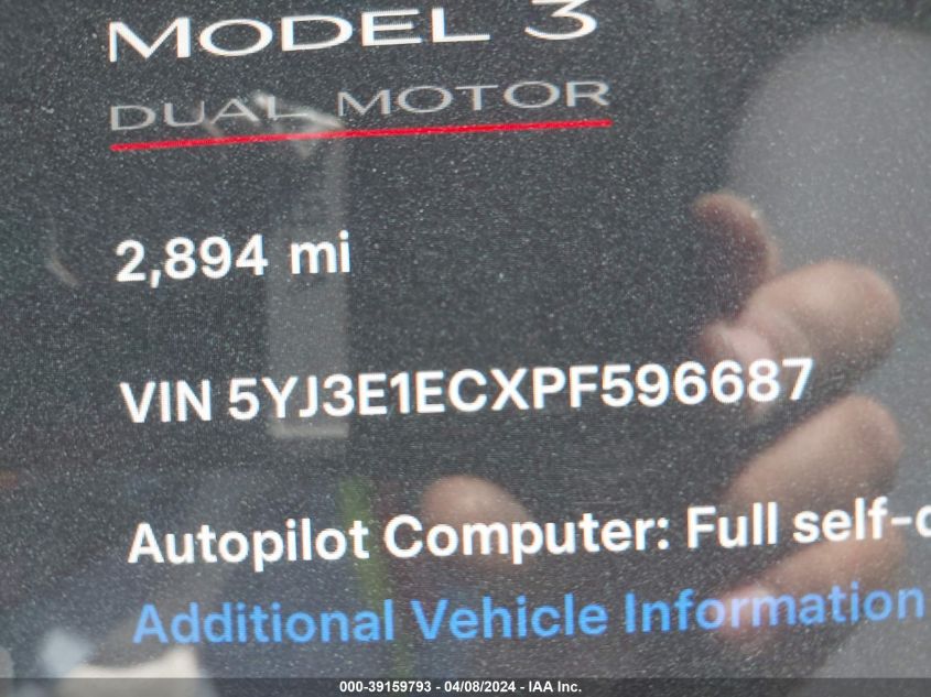 2023 Tesla Model 3 Performance Dual Motor All-Wheel Drive VIN: 5YJ3E1ECXPF596687 Lot: 39159793